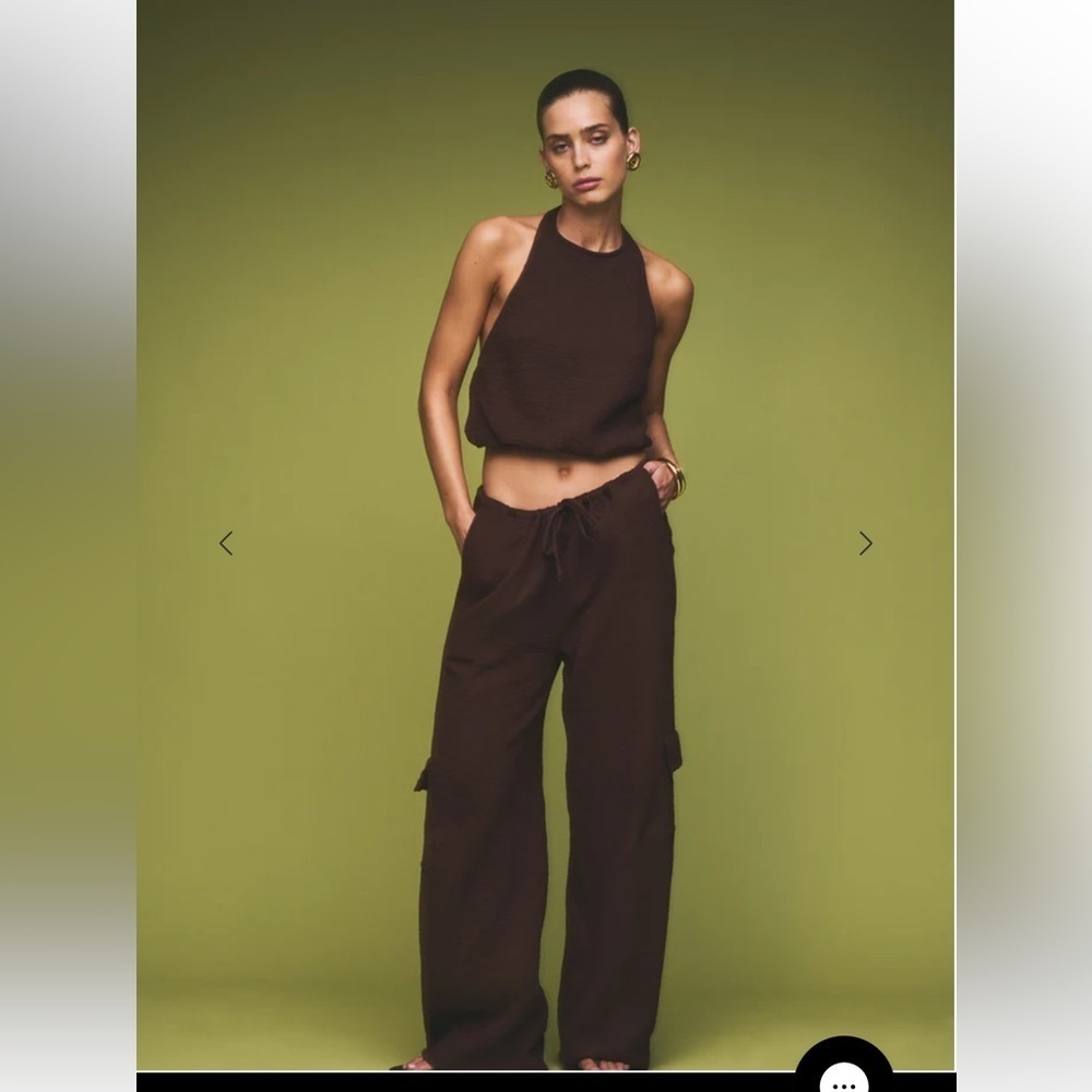 SER.O.YA ZIRA GAUZE CARGO PANTS TOP SET Brown Pants halter outfit 2 pc S